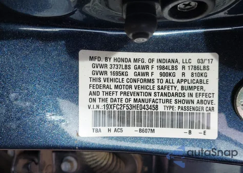 2017 Honda Civic Lx from USA, damaged, VIN 19XFC2F53HE043458